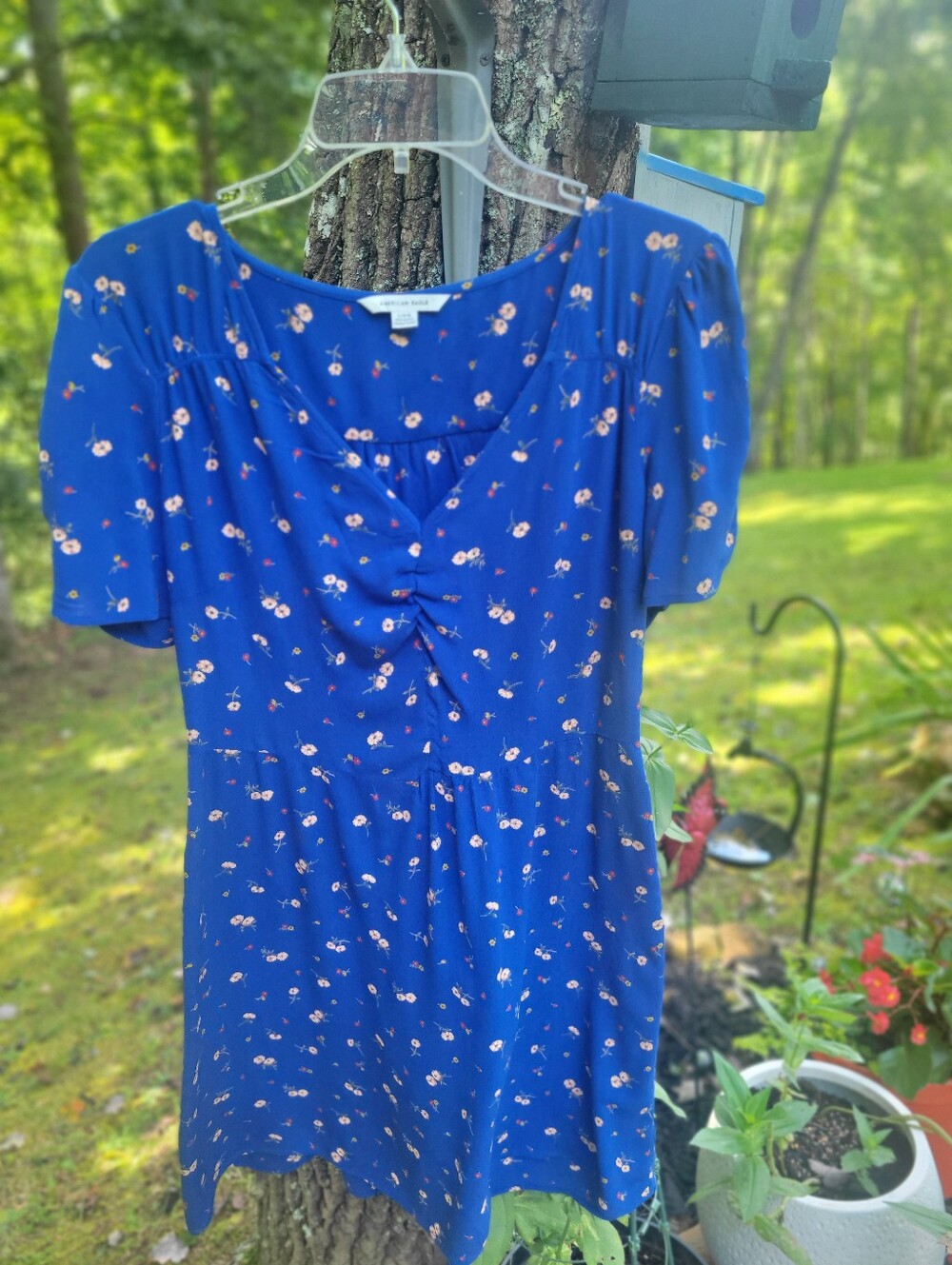 American Eagle Blue Floral Mini Dress | V-Neck Ruched Front | Flutter Sleeve |